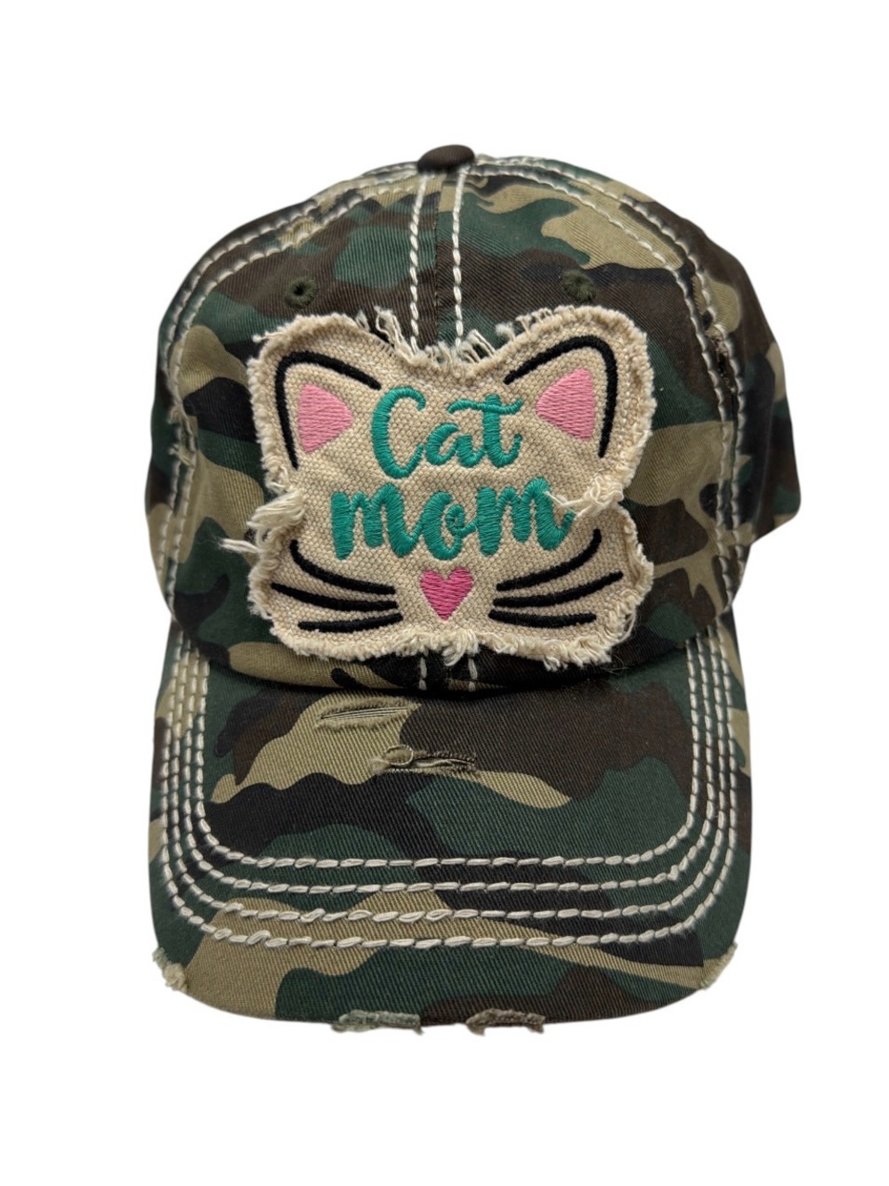KBETHOS Cat Mom Camouflage Cap - Green Camo with Teal & Pink Accents